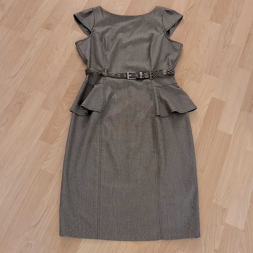 Perfect and professional taupe peplum dress with snake-skin belt. Sz. 13/14.